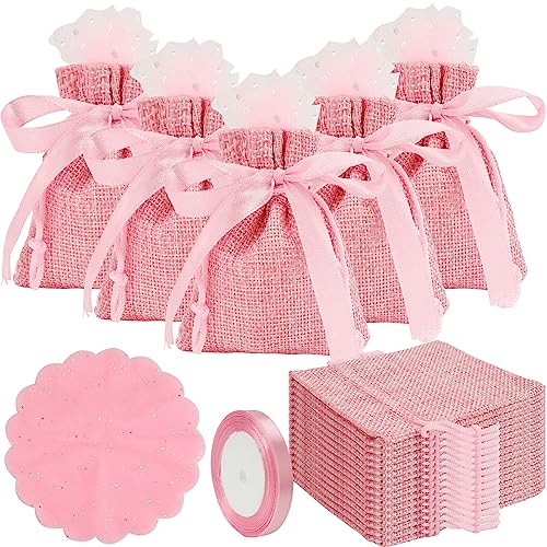 EKOCEV Kleine Jutesäckchen 30 Stück Rosa Jute Geschenktüten mit Kordelzug, klein Sackleinen Taschen mit Organza und Dekoband, Jute Schmuckbeutel für Party Weihnachten und Hochzeit von EKOCEV