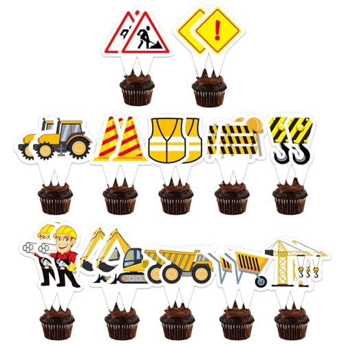 EKSMA 36 Stück Baufahrzeug Cupcake Topper Bagger Cake Topper, Happy Birthday Cake Topper, BAU Cupcake Topper Auto Bagger Kuchendekoration für Kinder Geburtstagsfeier Party von EKSMA