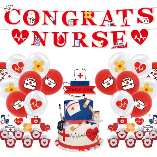 EKSMA Nurse Grad Themed Partei, Nurse Cupcake Toppers, einschließlich Banner, Kuchendekoration, Luftballons, Geeignet für Aktivitäten für Krankenschwesterfestival -Aktivitäten, 30 Stück von EKSMA