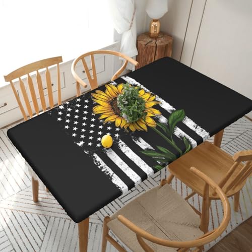 Rechteckige Tischdecke mit Sonnenblume und amerikanischer Flagge, wasserdicht, elastisch, für 152 cm, Tischdecke, abwischbar, Tischdecke für Picknick, Camping, drinnen und draußen, 76,2 x 183,9 cm von EKYOSHCZ