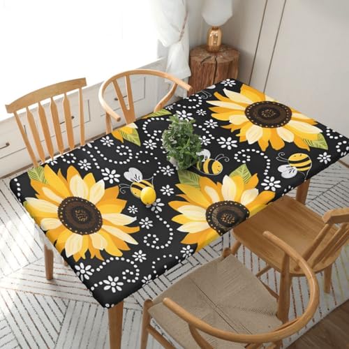 Rechteckige Tischdecke mit Sonnenblumen-Bienen, wasserdicht, elastisch, für 152 cm, Tischdecke, abwischbar, Tischdecke für Picknick, Camping, drinnen und draußen, 76,2 x 182,9 cm von EKYOSHCZ