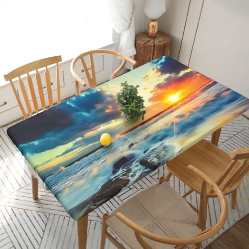 Rechteckige Tischdecke mit Sonnenuntergang am Strand, wasserdicht, elastisch, passend für 152 cm, Tischdecke, abwischbar, Tischdecke für Picknick, Camping, drinnen und draußen, 76,2 x 183,9 cm von EKYOSHCZ