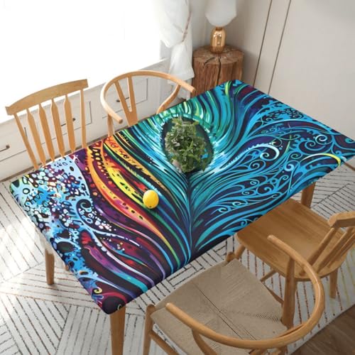 Rechteckige Tischdecke mit buntem Pfau, wasserdicht, elastisch, für 152 cm große Tische, Tischdecke, abwischbar, Tischdecke für Picknick, Camping, drinnen und draußen, 76,2 x 182,9 cm von EKYOSHCZ