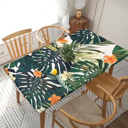 Rechteckige Tischdecke mit tropischen Hawaii-Blumen und Palmenblättern, wasserdicht, elastisch, für 152 cm, Tischdecke, abwischbar, Tischdecke für Picknick, Camping, drinnen und draußen, 76,2 x 183,9 von EKYOSHCZ