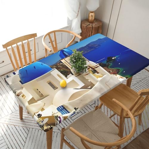 Santorini Rechteckige Tischdecke mit griechischer Insel und Meerblick, wasserdicht, elastisch, für 152 cm, Tischdecke, abwischbar, Tischdecke für Picknick, Camping, drinnen und draußen, 76,2 x 182,9 von EKYOSHCZ