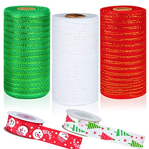 ELECLAND Weihnachtsband zum Basteln, 6 Zoll Poly-Mesh-Band für Kranz 90 Fuß Metallic-Folie Rot/Grün/Weiß Mesh-Rollen für Weihnachtsdekorationen Weihnachtskranz Bastelbedarf von ELECLAND