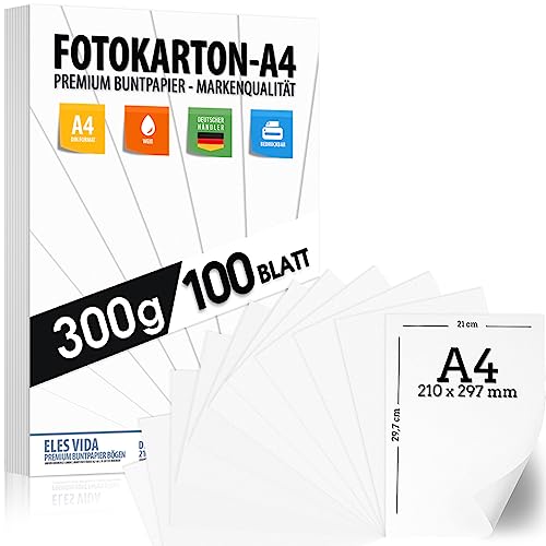 100 BLATT weisser Bastelkarton 300g/m² – PREMIUM PAPIER Reinweiß - DIN A4-21 x 29,7 cm - Druckerpapier Weiss unbedruckt für Fotografie, Präsentationen,Basteln, FOTOKARTON, Karton - MADE IN GERMANY von ELES VIDA