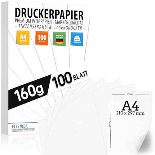 100 BLATT weißes Druckerpapier 160g/m² – PREMIUM PAPIER Reinweiß - DIN A4-21 x 29,7 cm - Druckerpapier Weiss unbedruckt für Fotografie, Präsentationen, Basteln, Bewerbungspapier - Made in Germany von ELES VIDA