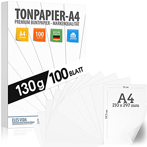 100 BLATT weißes Tonzeichenpapier 130g/m² - PREMIUM PAPIER Reinweiß - DIN A4-21 x 29,7 cm - Druckerpapier Weiss unbedruckt für Fotografie, Präsentationen, Basteln, FOTOKARTON, Karton - MADE IN GERMANY von ELES VIDA