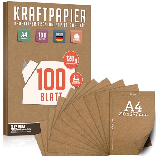 100 Blatt Kraftpapier A4 Set - 120 g - 21 x 29,7 cm - DIN Format - Bastelpapier & Naturkarton Pappe Blätter aus Kraftkarton zum Drucken, Kartonpapier Basteln für Vintage Hochzeit Geschenke Etiketten von ELES VIDA