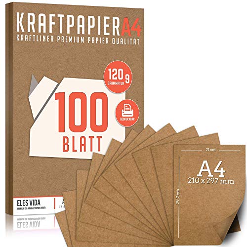 100 Blatt Kraftpapier A4 Set - 120 g - 21 x 29,7 cm - DIN Format - Bastelpapier & Naturkarton Pappe Blätter aus Kraftkarton zum Drucken, Kartonpapier Basteln für Vintage Hochzeit Geschenke Etiketten von ELES VIDA