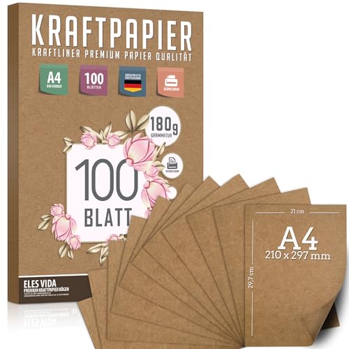 100 Blatt Kraftpapier A4 Set - 180 g - 21 x 29,7 cm - DIN Format - Bastelpapier & Naturkarton Pappe Blätter aus Kraftkarton zum Drucken, Kartonpapier Basteln für Vintage Hochzeit Geschenke Etiketten von ELES VIDA