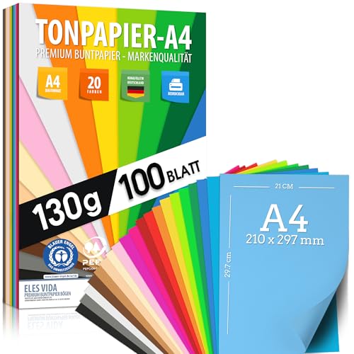 100 Blatt TONPAPIER - Buntes Papier DIN A4-130g/m² Set 20 Farben – Stabil Bastelpapier & Farbige Blätter, Kinder & DIY Bogen, Zubehör zum Basteln - BLAUER ENGEL & PEFC zertifiziert von ELES VIDA