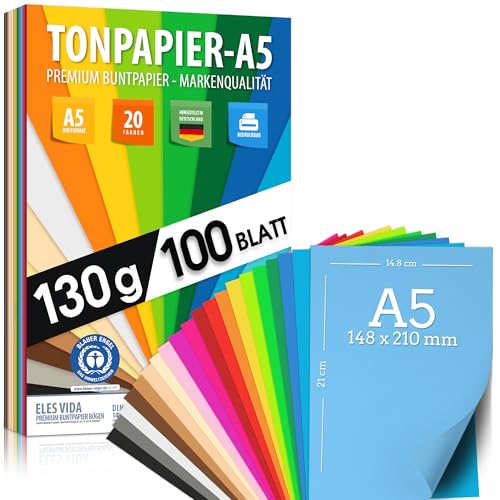 100 Blatt TONPAPIER - Buntes Papier DIN A5-130g/m² Set 20 Farben – Stabil Bastelpapier & Farbige Blätter, Kinder & DIY Bogen, Zubehör zum Basteln - BLAUER ENGEL zertifiziert - MADE IN GERMANY von ELES VIDA