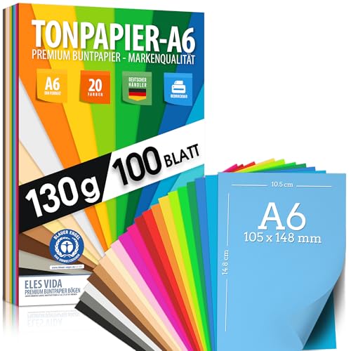 100 Blatt TONPAPIER - Buntes Papier DIN A6-130g/m² Set 20 Farben – Stabil Bastelpapier & Farbige Blätter, Kinder & DIY Bogen, Zubehör zum Basteln Geschenke BLAUER ENGEL zertifiziert - MADE IN GERMANY von ELES VIDA