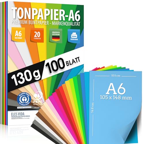 100 Blatt TONPAPIER - Buntes Papier DIN A6-130g/m² Set 20 Farben – Stabil Bastelpapier & Farbige Blätter, Kinder & DIY Bogen, Zubehör zum Basteln Geschenke BLAUER ENGEL zertifiziert - MADE IN GERMANY von ELES VIDA