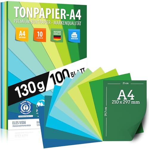 100 Blatt TONPAPIER - Papier DIN A4-130g/m² Set 10 Farben – Bastelpapier, Farbige Blätter, Kinder & DIY Zubehör Marine - Grün - Gras - Blau Ozean - BLAUER ENGEL & PEFC zertifiziert - MADE IN GERMANY von ELES VIDA