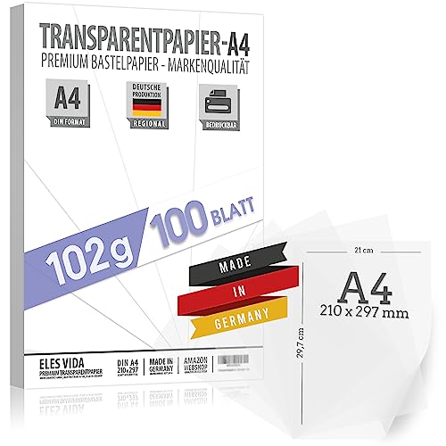 100 Blatt Transparentpapier 102 g/m² DIN A4 BEDRUCKBAR, Pauspapier Bastelpapier Pergamentpapier, Laternen selber machen – Drachenpapier zum Basteln - Bastelset Kinder - Transluzent Pergamynpapier von ELES VIDA