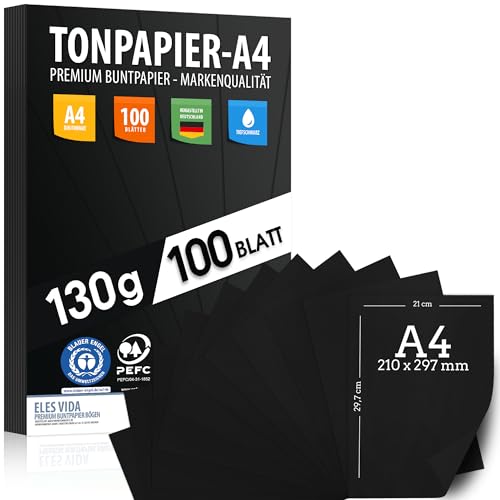 100 Stück Schwarz TONZEICHENpapier A4 – 130g stark – Schwarze Blätter – Bastel Bogen - Vollschwarz – Stabiles Zeichenpapier, Pappe zum Basteln, Zeichenkarton - DIY - Kreativ Zubehör für Fotoalben von ELES VIDA