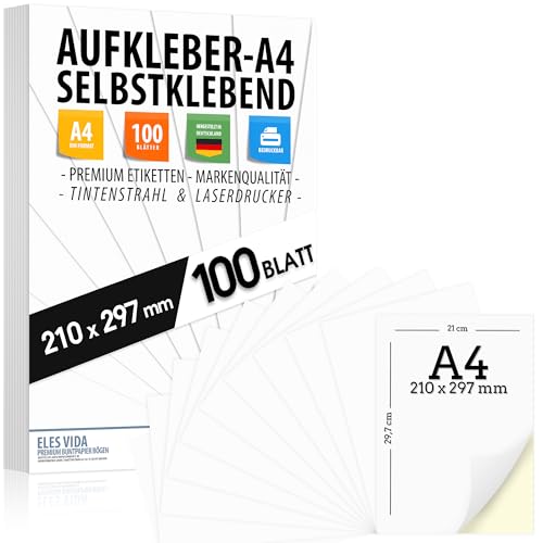 100 selbstklebende DIN A4 Etiketten Aufkleber, 210x297 mm, universell bedruckbar, matte weiße Oberfläche, kompatibel mit Inkjet- und Laserdruckern, Sticker für viele Anwendungen - AUS DEUTSCHLAND von ELES VIDA