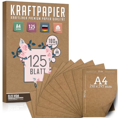 125 Blatt Kraftpapier A4 Set - 180 g - 21 x 29,7 cm - DIN Format - Bastelpapier & Naturkarton Pappe Blätter aus Kraftkarton zum Drucken, Kartonpapier Basteln für Vintage Hochzeit Geschenke Etiketten von ELES VIDA