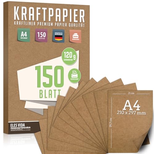 150 Blatt Kraftpapier A4 Set - 120 g - 21 x 29,7 cm - DIN Format - Bastelpapier & Naturkarton Pappe Blätter aus Kraftkarton zum Drucken, Kartonpapier Basteln für Vintage Hochzeit Geschenke Etiketten von ELES VIDA