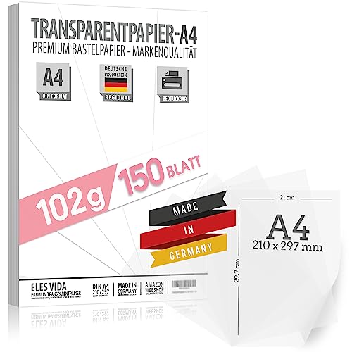 150 Blatt Transparentpapier 102 g/m² A4 in 21 x 29,7 cm Pauspapier – transparentes Bastelpapier transparentes Papier, Millimeterpapier Tintenstrahl & Laserdrucker Tracing Paper aus Deutschland von ELES VIDA