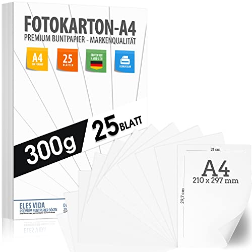 25 BLATT weisser Bastelkarton 300g/m² – PREMIUM PAPIER Reinweiß - DIN A4-21 x 29,7 cm - Druckerpapier Weiss unbedruckt für Fotografie, Präsentationen,Basteln, FOTOKARTON, Karton - MADE IN GERMANY von ELES VIDA