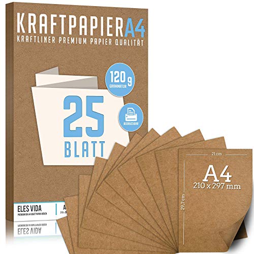 25 Blatt Kraftpapier A4 Set - 120 g - 21 x 29,7 cm - DIN Format - Bastelpapier & Naturkarton Pappe Blätter aus Kraftkarton zum Drucken, Kartonpapier Basteln für Vintage Hochzeit Geschenke Etiketten von ELES VIDA