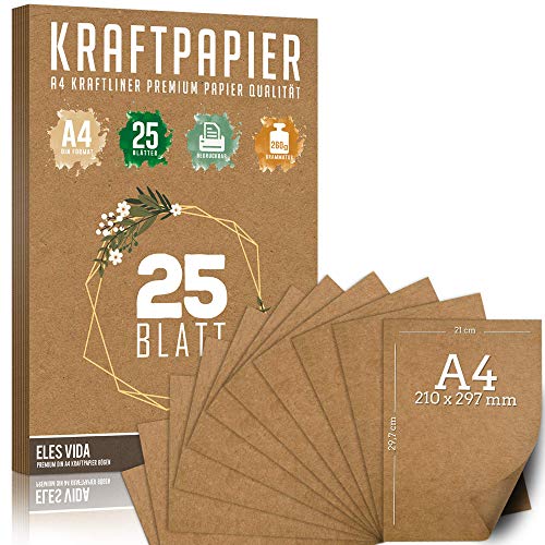 25 Blatt Kraftpapier A4 Set - 260 g - 21 x 29,7 cm - DIN Format - Bastelpapier & Naturkarton Pappe Blätter aus Kraftkarton zum Drucken, Kartonpapier Basteln für Vintage Hochzeit Geschenke Etiketten von ELES VIDA