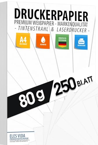 250 BLATT Druckerpapier A4 80g weiß – PREMIUM PAPIER Reinweiß - DIN A4-21 x 29,7 cm - Kopierpapier, Laserdrucker & Tintenstrahl für Uni, Fotografie, Präsentationen, Basteln - Ideal für Kopiergeräte von ELES VIDA