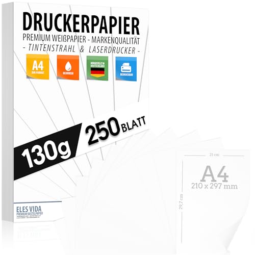 250 BLATT weißes Tonzeichenpapier 130g/m² - PREMIUM PAPIER Reinweiß - DIN A4-21 x 29,7 cm - Druckerpapier Weiss unbedruckt für Fotografie, Präsentationen, Basteln, FOTOKARTON, Karton - MADE IN GERMANY von ELES VIDA