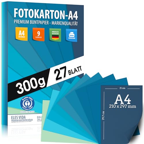 27 Blatt FOTOKARTON A4 Wasser und Blautöne - Papier - 300g /m² Set 9 Farben – Stabil Bastelpapier & Farbige Blätter, Meer, Marine, Blue Cyan Azur - Ozean - BLAUER ENGEL zertifiziert - MADE IN GERMANY von ELES VIDA