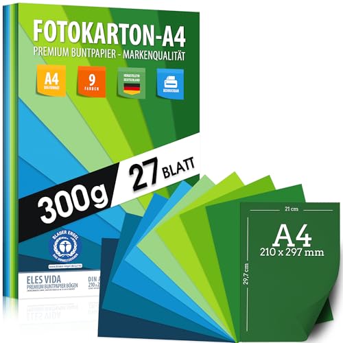 27 Blatt FOTOKARTON - Papier DIN A4-300g Set 9 Farben – Stabil Bastelpapier & Farbige Blätter, Kinder & DIY Papier, Marine - Grün - Gras - Blau Ozean - BLAUER ENGEL zertifiziert - MADE IN GERMANY von ELES VIDA