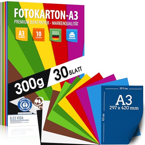 30 Blatt BUNTES PAPIER DIN A3-300g/m² Fotokarton Set 10 Farben - Bastelpapier & Farbige Blätter Pappe, Kinder & DIY Bogen, Basteln für Fotoalbum - BLAUER ENGEL & PEFC zertifiziert - MADE IN GERMANY von ELES VIDA