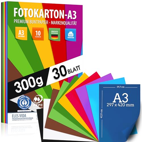 30 Blatt BUNTES PAPIER Karton DIN A3-300g/m² Fotokarton Set 10 Farben - Bastelpapier & Farbige Blätter Pappe, Kinder & DIY Bogen, Zum Basteln für Fotoalbum Geschenke, Kreativ sein, MADE IN GERMANY von ELES VIDA