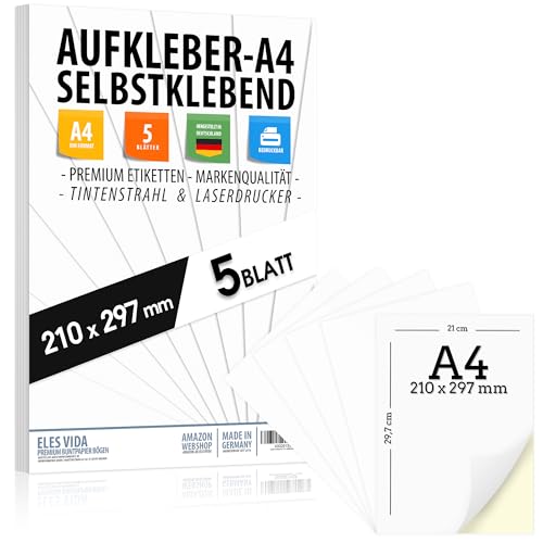 5 Selbstklebende DIN A4 Etiketten 210x297 mm, universell bedruckbar, matte weiße Oberfläche, kompatibel mit Inkjet- und Laserdruckern, Aufkleber für vielseitige Anwendungen - MADE IN GERMANY von ELES VIDA