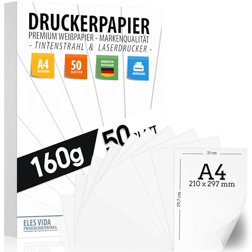 50 BLATT Weißes Druckerpapier A4 160g weiß – PREMIUM PAPIER Reinweiß - DIN A4-21 x 29,7 cm - Zeichenpapier dick,unbedruckt für Uni, Fotografie, Präsentationen, Basteln, hochwertiges Bewerbungspapier von ELES VIDA