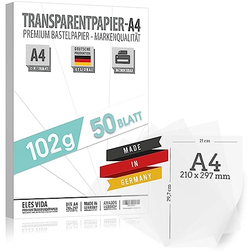 50 Blatt Blatt Transparentpapier bedruckbar DIN A4 PREMIUM 102g zum selber Bedrucken, Basteln Laternenpapier – Abpauspapier – Pauspapier, Tischkarten und Laternen selber basteln aus deutschland von ELES VIDA