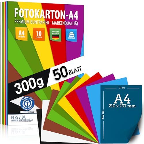 50 Blatt Fotokarton DIN A4-300g/m² stark - 10 Farben – Karton Pappe, farbige Blätter für Schule, Hobby - Kinder & DIY Bogen, Bastel Fotoalben - BLAUER ENGEL zertifiziert - MADE IN GERMANY von ELES VIDA