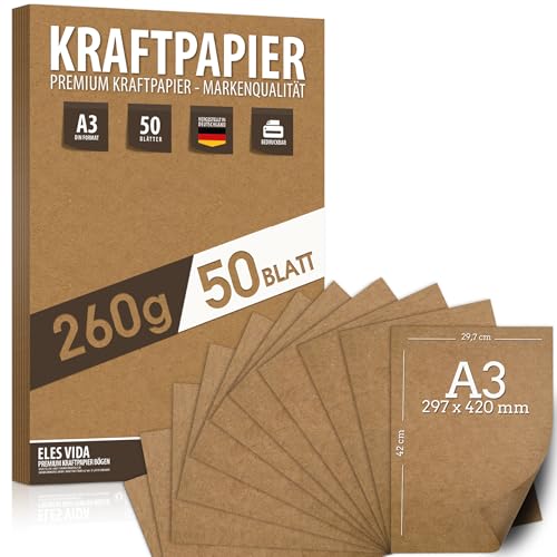 50 Blatt Kraftpapier A3 Set - 260 g - 29,7 x 42 cm - DIN Format - Bastelpapier & Naturkarton Pappe Blätter aus Kraftkarton zum Drucken, Kartonpapier Basteln für Vintage Hochzeit Geschenke Etiketten von ELES VIDA