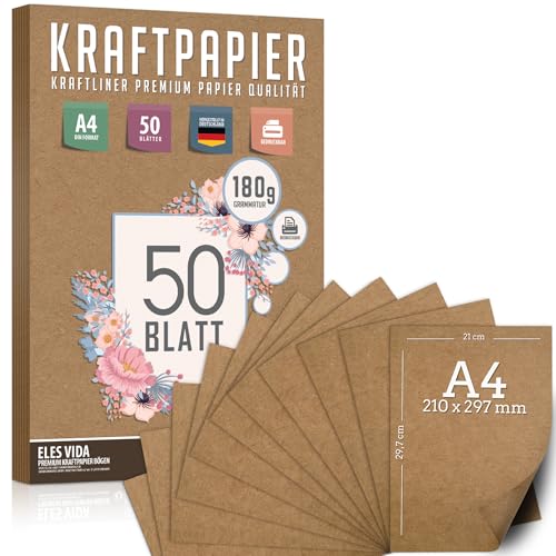 50 Blatt Kraftpapier A4 Set - 180 g - 21 x 29,7 cm - DIN Format - Bastelpapier & Naturkarton Pappe Blätter aus Kraftkarton zum Drucken, Kartonpapier Basteln für Vintage Hochzeit Geschenke Etiketten von ELES VIDA