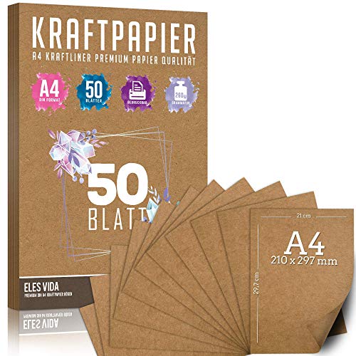 50 Blatt Kraftpapier A4 Set - 260 g - 21 x 29,7 cm - DIN Format - Bastelpapier & Naturkarton Pappe Blätter aus Kraftkarton zum Drucken, Kartonpapier Basteln für Vintage Hochzeit Geschenke Etiketten von ELES VIDA