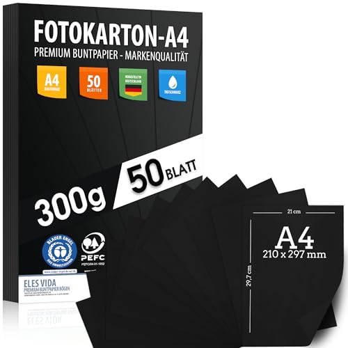 50 Blatt SCHWARZER Bastelkarton 300g/m² – PREMIUM PAPIER Tiefschwarz - DIN A4-21 x 29,7 cm - Fotografen Schwarz unbedruckt für Fotografie, Präsentationen, Basteln, FOTOKARTON, Karton - MADE IN GERMANY von ELES VIDA