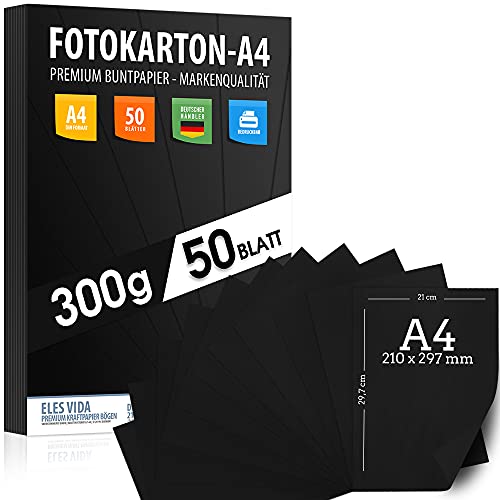 50 Blatt SCHWARZER Bastelkarton 300g/m² – PREMIUM PAPIER Tiefschwarz - DIN A4-21 x 29,7 cm - Fotografen Schwarz unbedruckt für Fotografie, Präsentationen, Basteln, FOTOKARTON, Karton - MADE IN GERMANY von ELES VIDA