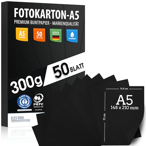 50 Blatt SCHWARZER Bastelkarton 300g/m² – PREMIUM PAPIER Tiefschwarz - DIN A5 - Druckerpapier Schwarz unbedruckt für Fotografie, Präsentationen, Basteln, FOTOKARTON, Karton - MADE IN GERMANY von ELES VIDA