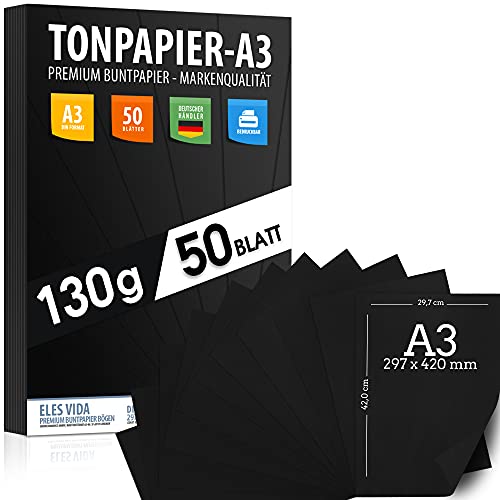 50 Blatt Tonpapier PROFI Tonzeichenpapier DIN A3-130g/m² Tiefschwarz - Festes Papier für DIY, Hobby, Schule, Uni, Zeichnen, Bastel Zubehör für Malen, Kreide und Geschenke MADE IN DEUTSCHLAND von ELES VIDA