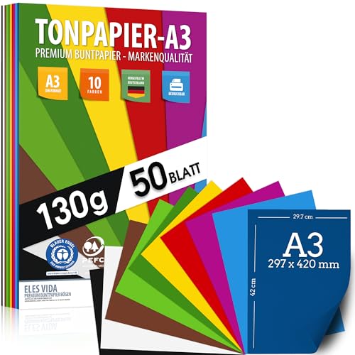 50 Blatt Tonzeichenpapier DIN A3 – 130 g - 10 Farben – Festes Papier - Farbige Blätter für Schule, Hobby - Kinder & DIY Bögen, Bastel Zubehör - Kopierpapier, Geschenke, BLAUER ENGEL - AUS DEUTSCHLAND von ELES VIDA