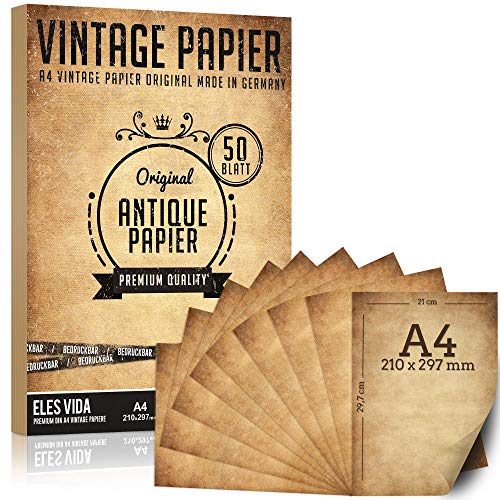 50 Stück Altes Papier 100g - Basteln DIY Briefpapier A4 Antik beidseitig bedruckt Ideal für Kommunion, Für Landkarte, Kinder Schatzsuche, Historische Einladungen - Antique Tagebuch Skizzieren von ELES VIDA