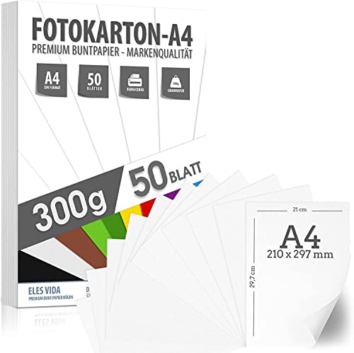 50 BLATT weisser Bastelkarton 300g/m² – PREMIUM PAPIER Reinweiß - DIN A4-21 x 29,7 cm - Druckerpapier Weiss unbedruckt für Fotografie, Präsentationen,Basteln, FOTOKARTON, Karton von ELES VIDA